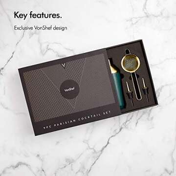 VonShef Green & Gold Cocktail Shaker Set in Gift Box with 16oz Shaker, Muddler, Bar Spoon, Jigger, Hawthorne Strainer, Julep Strainer, Bottle Pourer and Recipe Book