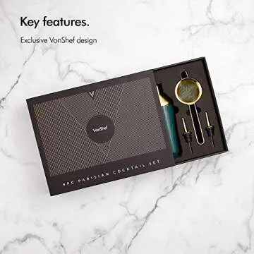 VonShef Green & Gold Cocktail Shaker Set in Gift Box with 16oz Shaker, Muddler, Bar Spoon, Jigger, Hawthorne Strainer, Julep Strainer, Bottle Pourer and Recipe Book