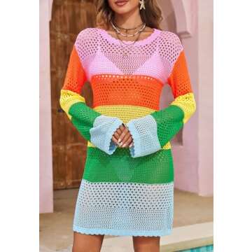 Langwyqu Womens Summer Crochet Swimsuit Coverup Long Sleeve Crewneck Color Block Bathing Suit Swimwe...