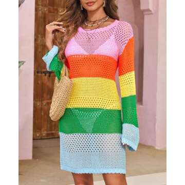 Langwyqu Womens Summer Crochet Swimsuit Coverup Long Sleeve Crewneck Color Block Bathing Suit Swimwear Cover Ups Beach Dress