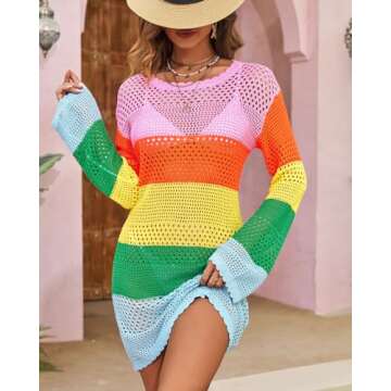 Langwyqu Womens Summer Crochet Swimsuit Coverup Long Sleeve Crewneck Color Block Bathing Suit Swimwear Cover Ups Beach Dress