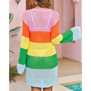 Langwyqu Womens Summer Crochet Swimsuit Coverup Long Sleeve Crewneck Color Block Bathing Suit Swimwear Cover Ups Beach Dress