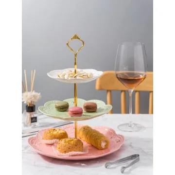 Jusalpha 3-Tier Porcelain Cake Stand-Dessert Stand-Cupcake Stand-Tea Party Serving Platter (3 Color-Gold)