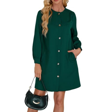 YEXPINE Women's Button Down Mini Dress Long Puff Sleeve Loose Fit Shift Dresses with Pockets Dark Green