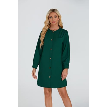 YEXPINE Women's Button Down Mini Dress Long Puff Sleeve Loose Fit Shift Dresses with Pockets Dark Green