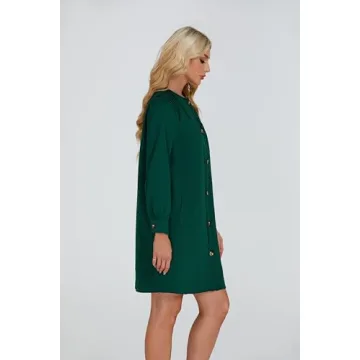 YEXPINE Women's Button Down Mini Dress Long Puff Sleeve Loose Fit Shift Dresses with Pockets Dark Green