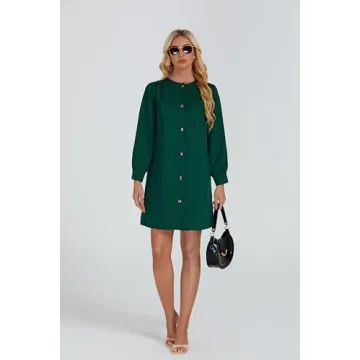 YEXPINE Women's Button Down Mini Dress Long Puff Sleeve Loose Fit Shift Dresses with Pockets Dark Green