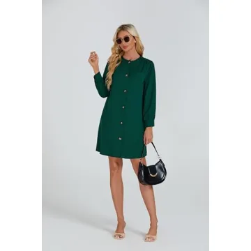 YEXPINE Women's Button Down Mini Dress Long Puff Sleeve Loose Fit Shift Dresses with Pockets Dark Green