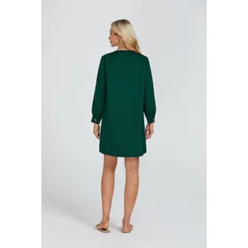 YEXPINE Women's Button Down Mini Dress Long Puff Sleeve Loose Fit Shift Dresses with Pockets Dark Green