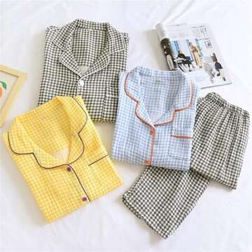 Shanghai Story Couple's Cotton Nightgown Sleepwear Long Sleeves Nightwear Casual Check Print PJS