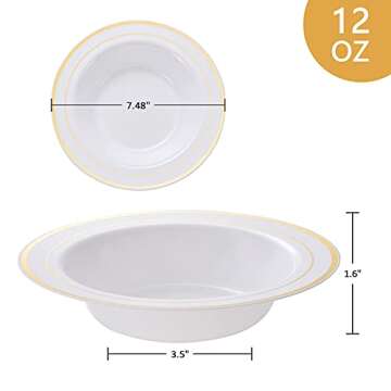 N9R 30 Pack Disposable Soup Bowls - 12 Oz with Gold Rim for Elegant Events