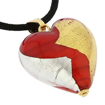 GlassOfVenice Murano Glass Heart Pendant - Red Gold and Silver