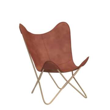 Shy Shy Let’s Touch The Sky Leather Living Room Chairs- Brown Leather Butterfly Chair-Handmade with Powder Coated Iron Frame (Cover with Folding Frame) (Golden Frame)