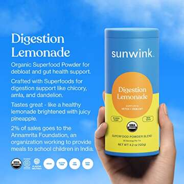 Sunwink Digestion Lemonade Superfood Powder | Lemonade Powder for Detox & Debloat | Organic Superfood Powder with Chicory Root, Amla, Dandelion | Supports Digestive & Gut Health | 4.2oz, 20 Servings