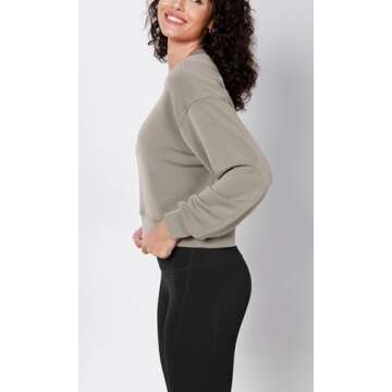 ODODOS Modal Soft Long Sleeve Cropped Sweatshirts for Women Oversized Crew Neck Pullover Crop Top, Khaki, Small