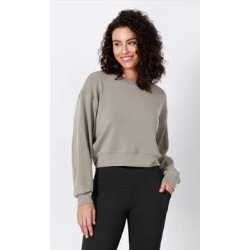 ODODOS Modal Soft Long Sleeve Cropped Sweatshirts for Women Oversized Crew Neck Pullover Crop Top, Khaki, Small