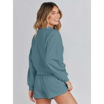 MEROKEETY Women's 2025 Fall Oversized Batwing Sleeve Lounge Sets Casual Top and Shorts 2 Piece Outfits Sweatsuit Blue