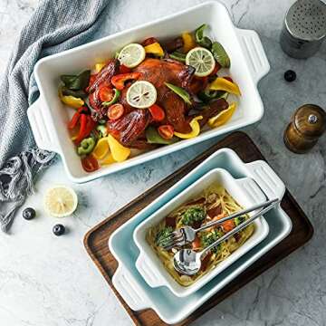 Samsle Baking Dishes, Ceramic Bakeware Set, Rectangular Cake Tray Pan for Thanksgiving Party, Oven, Microwave,Dishwasher Safe 500 Degree, Set of 3 Size - White&Turquoise