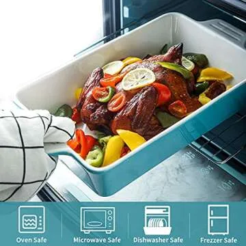 Samsle Baking Dishes, Ceramic Bakeware Set, Rectangular Cake Tray Pan for Thanksgiving Party, Oven, Microwave,Dishwasher Safe 500 Degree, Set of 3 Size - White&Turquoise