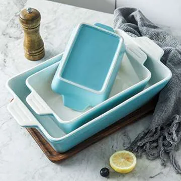 Samsle Baking Dishes, Ceramic Bakeware Set, Rectangular Cake Tray Pan for Thanksgiving Party, Oven, Microwave,Dishwasher Safe 500 Degree, Set of 3 Size - White&Turquoise