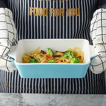 Samsle Baking Dishes, Ceramic Bakeware Set, Rectangular Cake Tray Pan for Thanksgiving Party, Oven, Microwave,Dishwasher Safe 500 Degree, Set of 3 Size - White&Turquoise