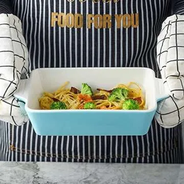 Samsle Baking Dishes, Ceramic Bakeware Set, Rectangular Cake Tray Pan for Thanksgiving Party, Oven, Microwave,Dishwasher Safe 500 Degree, Set of 3 Size - White&Turquoise