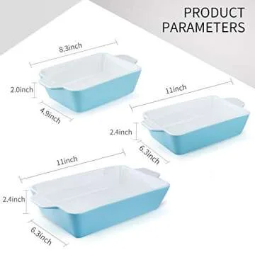 Samsle Baking Dishes, Ceramic Bakeware Set, Rectangular Cake Tray Pan for Thanksgiving Party, Oven, Microwave,Dishwasher Safe 500 Degree, Set of 3 Size - White&Turquoise