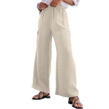 EVALESS Flowy Pants for Women Summer Casual 2025 High Waisted Wide Leg Loose Beach Trousers with Poc...