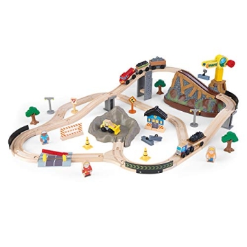 KidKraft Wooden Train Set with Bulldozer Working Crane 61 Pieces