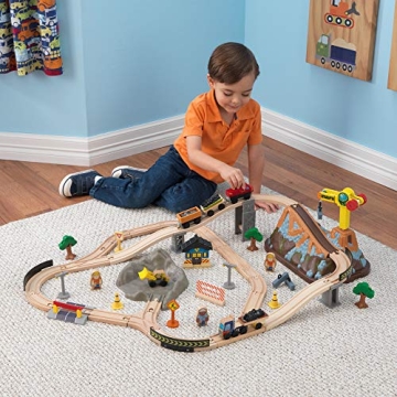 KidKraft Wooden Train Set with Bulldozer Working Crane 61 Pieces
