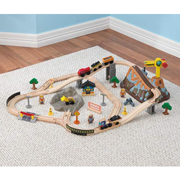 KidKraft Wooden Train Set with Bulldozer Working Crane 61 Pieces