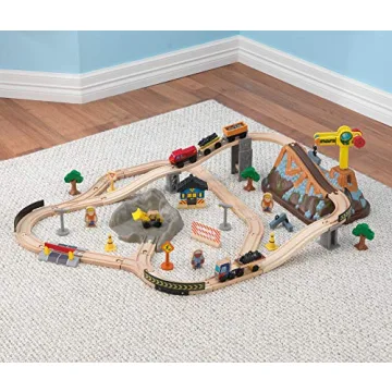 KidKraft Wooden Train Set with Bulldozer Working Crane 61 Pieces