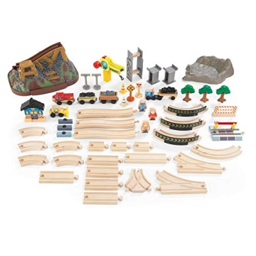 KidKraft Wooden Train Set with Bulldozer Working Crane 61 Pieces
