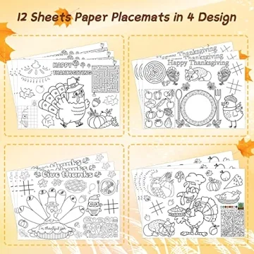 Thanksgiving Coloring Placemats for Kids - 12 Sheets Fun Activities
