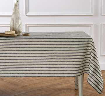100% Pure Flax Linen Tablecloth - Black & Natural Stripe