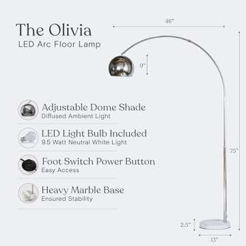 Brightech Olivia Floor Lamp, Arc Lamp for Living Rooms, Standing Lamp with LED Light Bulbs for Bedroom Reading, Great Living Room Décor, Tall Lamp for Offices - Chrome