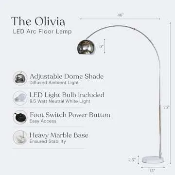 Brightech Olivia Floor Lamp, Arc Lamp for Living Rooms, Standing Lamp with LED Light Bulbs for Bedroom Reading, Great Living Room Décor, Tall Lamp for Offices - Chrome