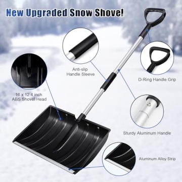 Large Portable Snow Shovel for Driveway: 52-Inch Extended Lightweight Snow Shovel for Snow Removal - Wide Snow Shovel with Ergonomic D-Grip Handle and Aluminum Blade for Garden, Car, Camping Black