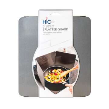 HIC Kitchen 3-Sided Splatter Guard, Non-Stick Carbon Steel, Heat Safe, Folds Flat For Storage