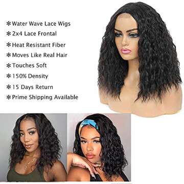 Water Wave Bob Wigs for Black Women 2x4 Lace Closure Wig Middle Part 14 Inch Women Girl's Charming Synthetic Wigs Soft Natural Looking for Daily Party Wear