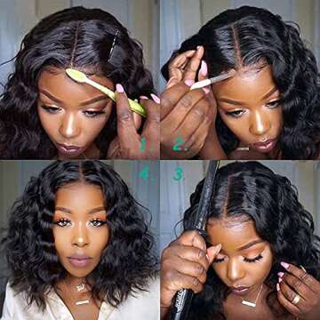 Water Wave Bob Wigs for Black Women 2x4 Lace Closure Wig Middle Part 14 Inch Women Girl's Charming Synthetic Wigs Soft Natural Looking for Daily Party Wear