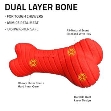 Playology Dual Layer Bone | Engaging All Natural Beef Scented Dog Toy, Jumbo Size | Red Bone for Lar...