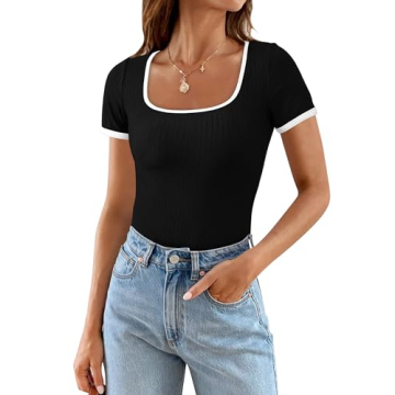 PRETTYGARDEN Women's Summer Short Sleeve T Shirts Ribbed Knit Square Neck Color Block Slim Fit Basic...
