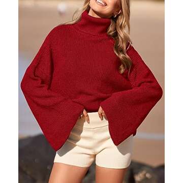 BTFBM Women's Turtleneck Pullover Sweaters 2024 Fall Winter Bell Long Sleeve Slouchy Oversized Ribbed Knit Jumper Tops(Solid Red, Small)