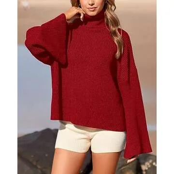 BTFBM Women's Turtleneck Pullover Sweaters 2024 Fall Winter Bell Long Sleeve Slouchy Oversized Ribbed Knit Jumper Tops(Solid Red, Small)