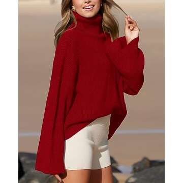BTFBM Women's Turtleneck Pullover Sweaters 2024 Fall Winter Bell Long Sleeve Slouchy Oversized Ribbed Knit Jumper Tops(Solid Red, Small)