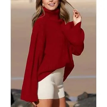 BTFBM Women's Turtleneck Pullover Sweaters 2024 Fall Winter Bell Long Sleeve Slouchy Oversized Ribbed Knit Jumper Tops(Solid Red, Small)