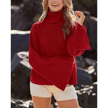 BTFBM Women's Turtleneck Pullover Sweaters 2024 Fall Winter Bell Long Sleeve Slouchy Oversized Ribbed Knit Jumper Tops(Solid Red, Small)