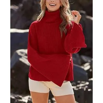 BTFBM Women's Turtleneck Pullover Sweaters 2024 Fall Winter Bell Long Sleeve Slouchy Oversized Ribbed Knit Jumper Tops(Solid Red, Small)