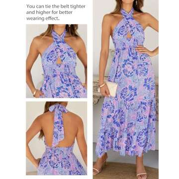 ZESICA Women's Summer Crossover Halter Neck Sleeveless Plaid Cut Out Backless Flowy A Line Maxi Dress,BluishViolet,Small